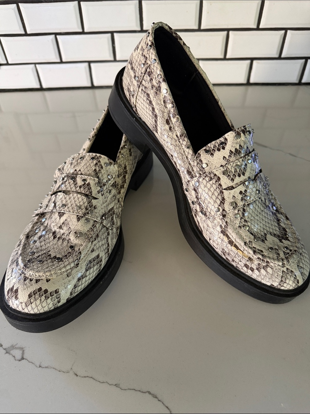 Portland Boot Co Snake Print Studded Penny Loafers, LIKE NEW Women’s Sz 9